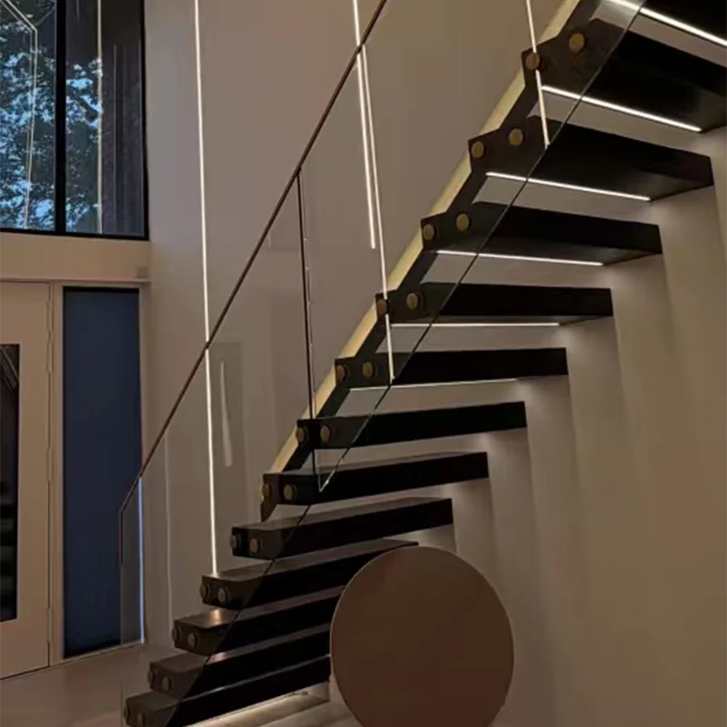 Durable Prefabricated Apartment Building Wooden Staircase Design Indoor Wooden Tread Floating Staircase