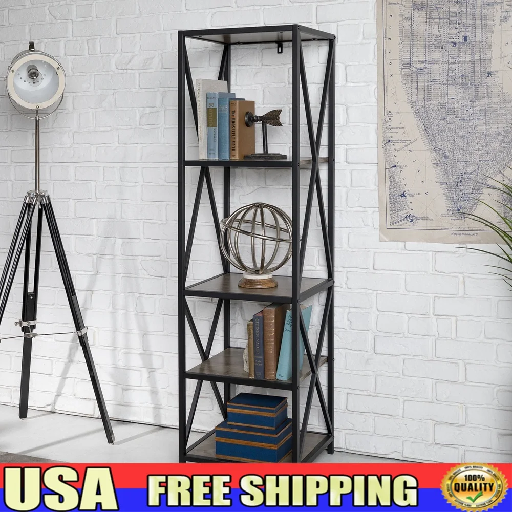 

4 Shelf Driftwood Bookshelf Open Design Vertical Media Storage Unit DVDs Books Plants Home Office Living Room