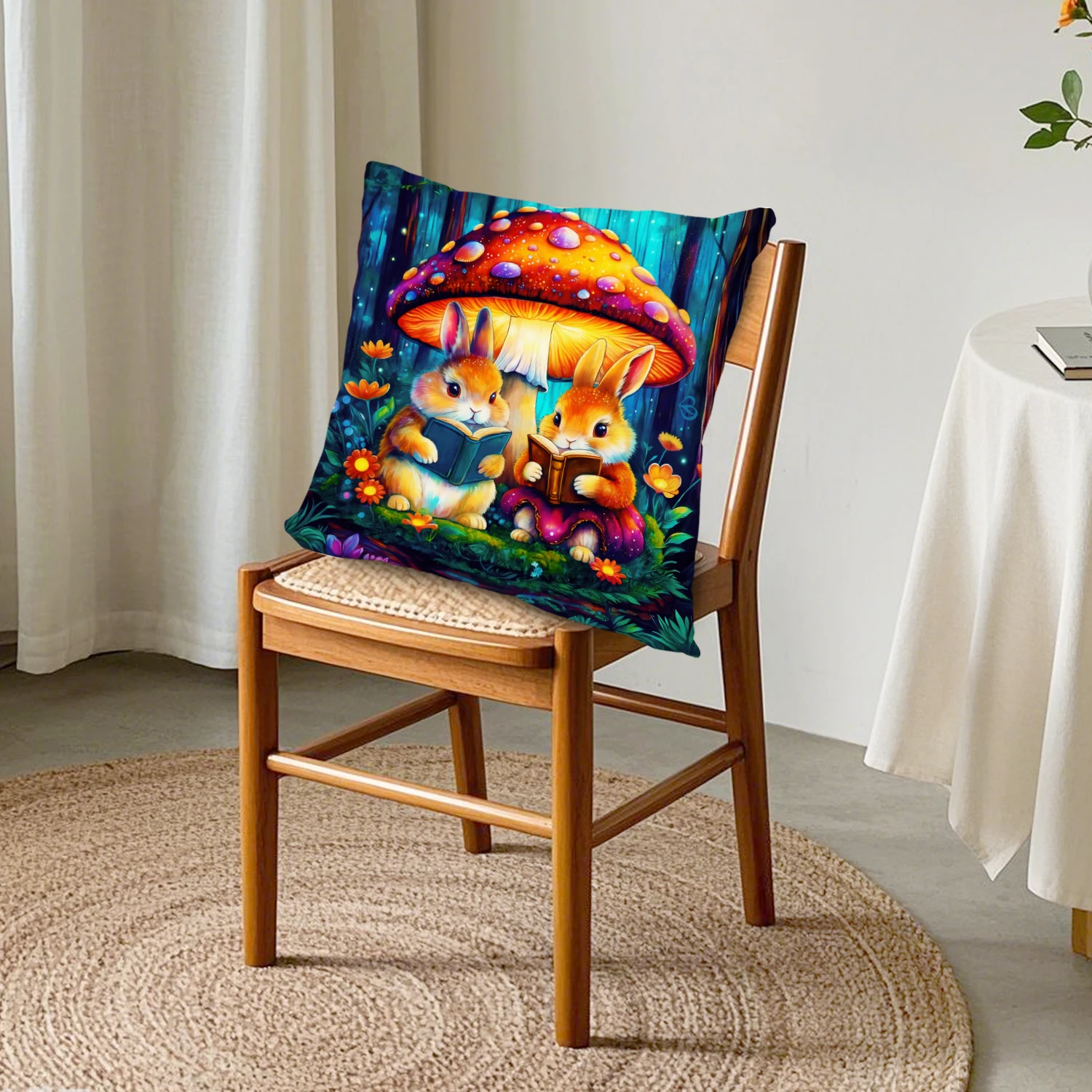 Mushroom Bunny Linen Cushion Cover Forest Rabbit Reading Book Throw Pillow Case Whimsical Animal Nature Decor Sofa Couch Bedroom