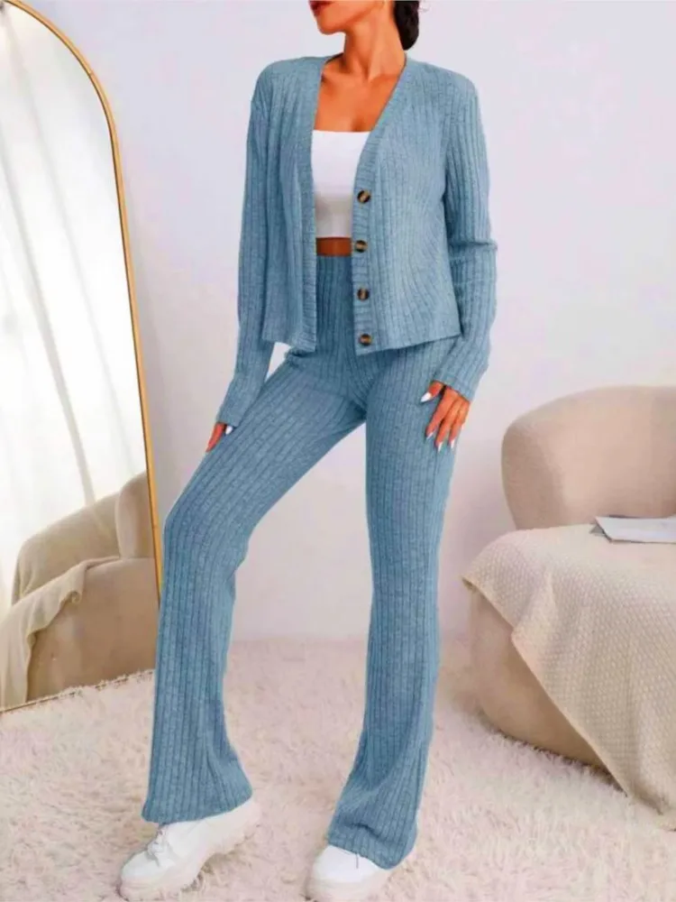 

Autumn Casual Knit Women's Suit Two Piece Set V-neck Long Sleeve Button Cardigan + Pants Sets Comfortable Solid Fashion Outfits