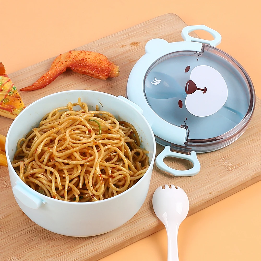 Cartoon Bear Lunch Box Microwave Safe Portable Leakproof Food Container with Utensils for Kids Students Adults