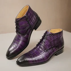 Boots Pointed Toe Mens Fashion Genuine cow leather skin printing Men ankle Rubber sole White purple green variety color options