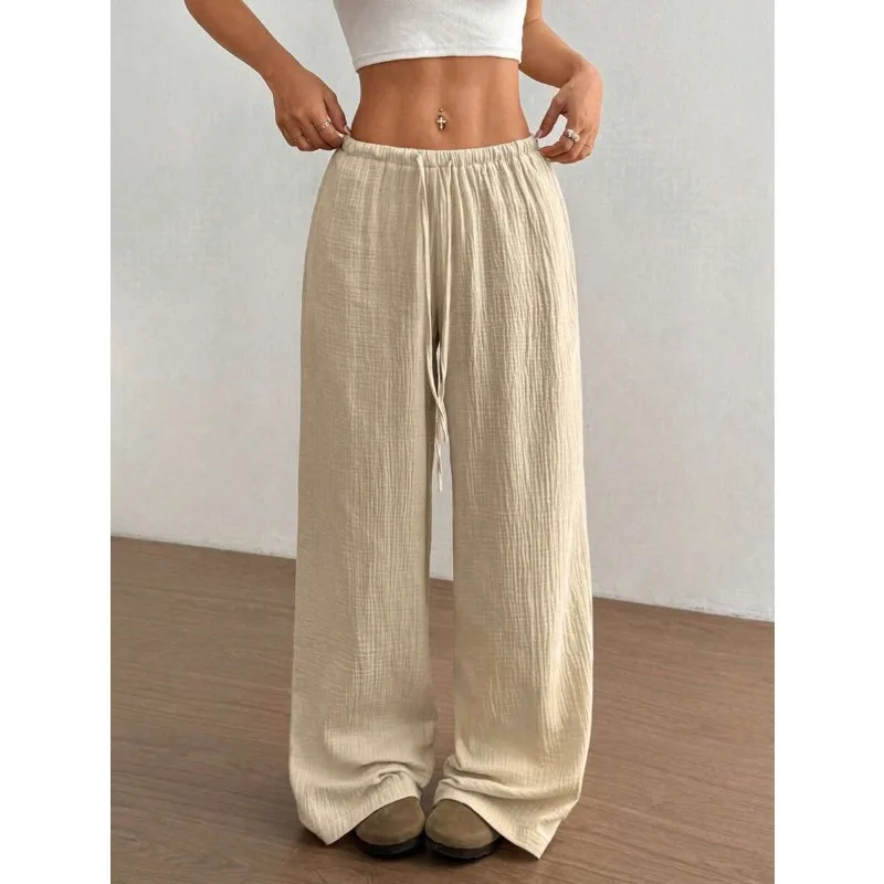 Pantalón informal cómodo y versátil con cintura elástica para mujer, pantalones de pierna ancha de cintura alta, ligeramente elásticos, sencillos, de Color sólido