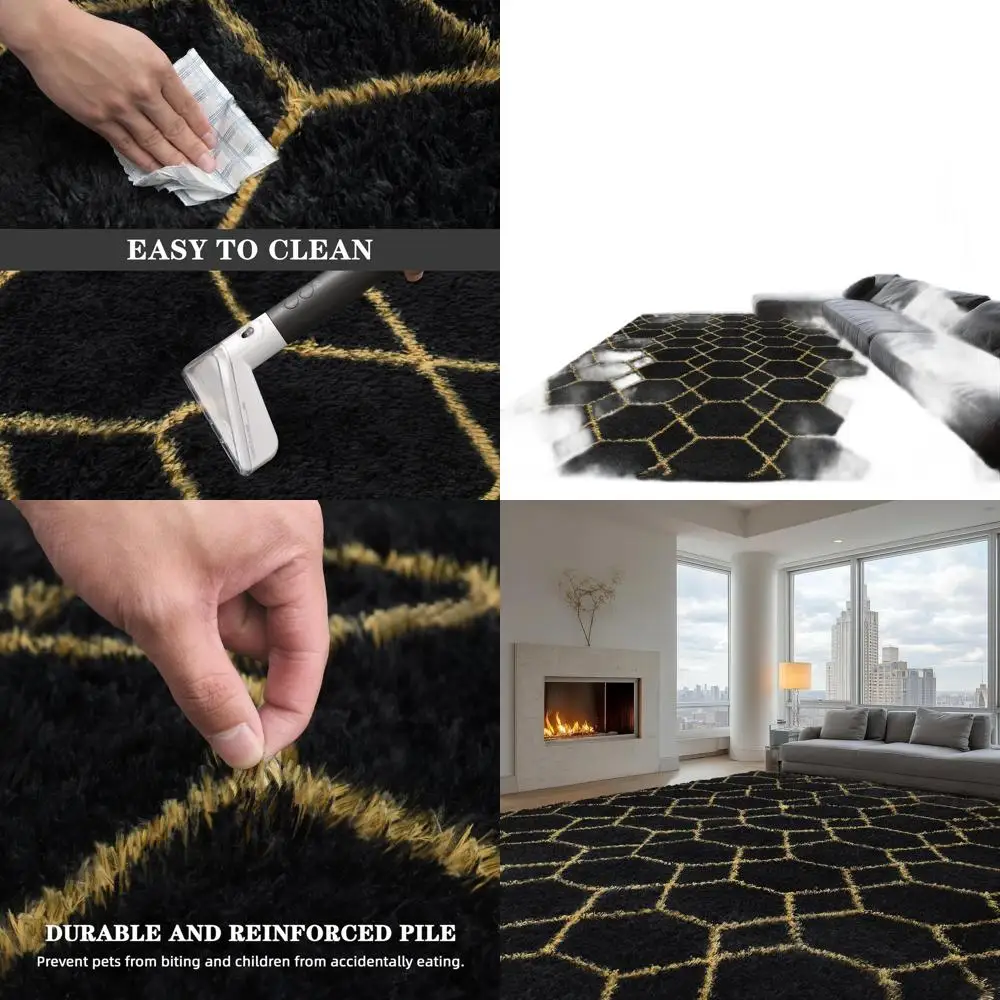 

Большие ковры для гостиной, черный пушистый ковер 8x10 для спальни, мягкие геометрические ковры с длинным ворсом для детской комнаты, нескользящие.