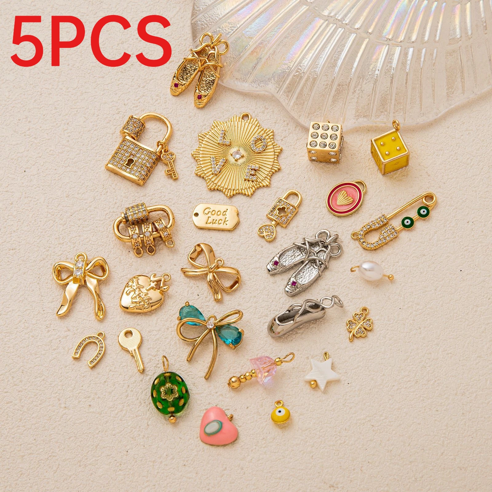 

5Pcs Brass Charms Ballet Shoe Lock Key Bow Star Pendants Inlaid Rhinestone DIY Jewelry Making Accessories For Necklace Bracelet