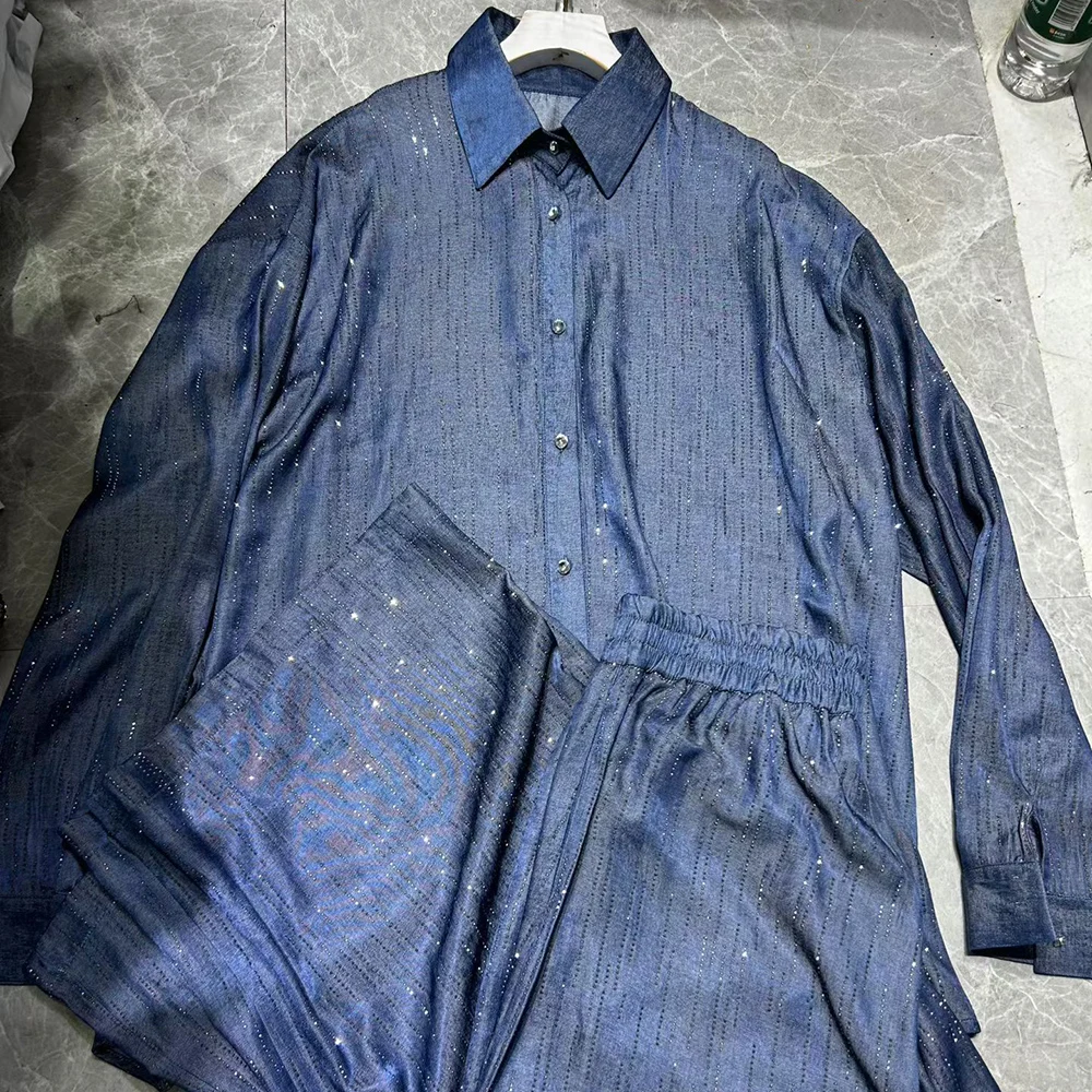 TWOTWINSTYLE الأزرق تقسم واحدة الصدر قطعتين مجموعة الإناث التلبيب كم طويل قميص عادية كسول المرأة فستان أطفال مع سروال داخلي الخريف جديد #6