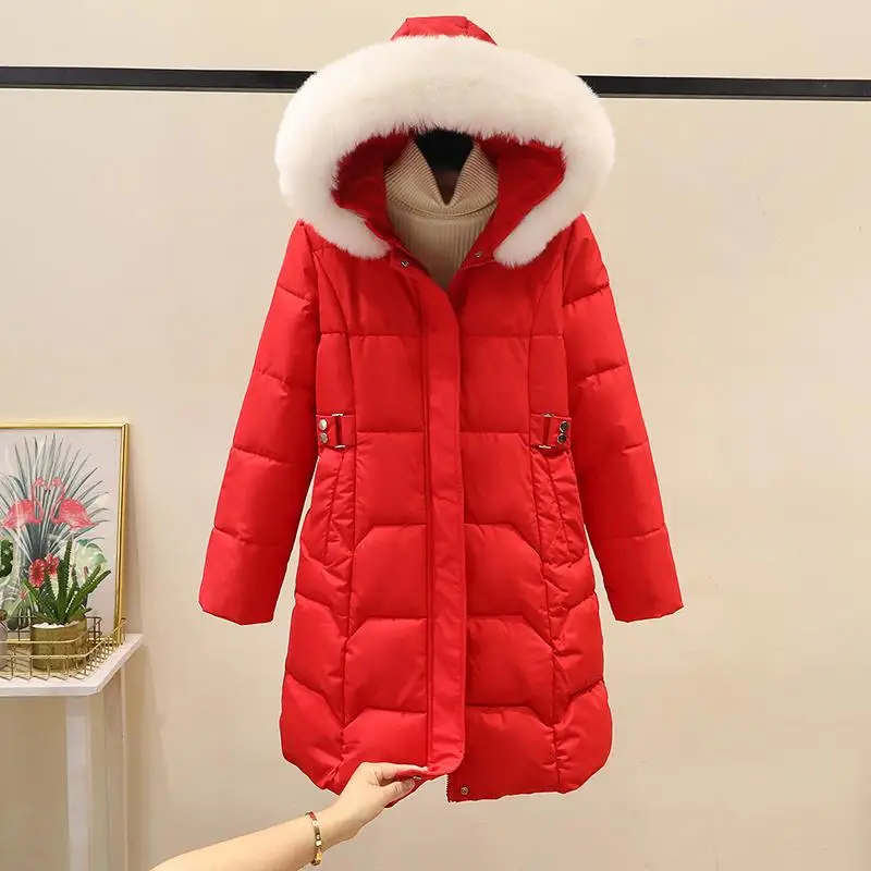 

Съемная шапка с большим меховым воротником, женская свободная посадка, пуховое хлопковое пальто средней длины, утягивающее стеганое пальто, корейское пальто для поездок на работу