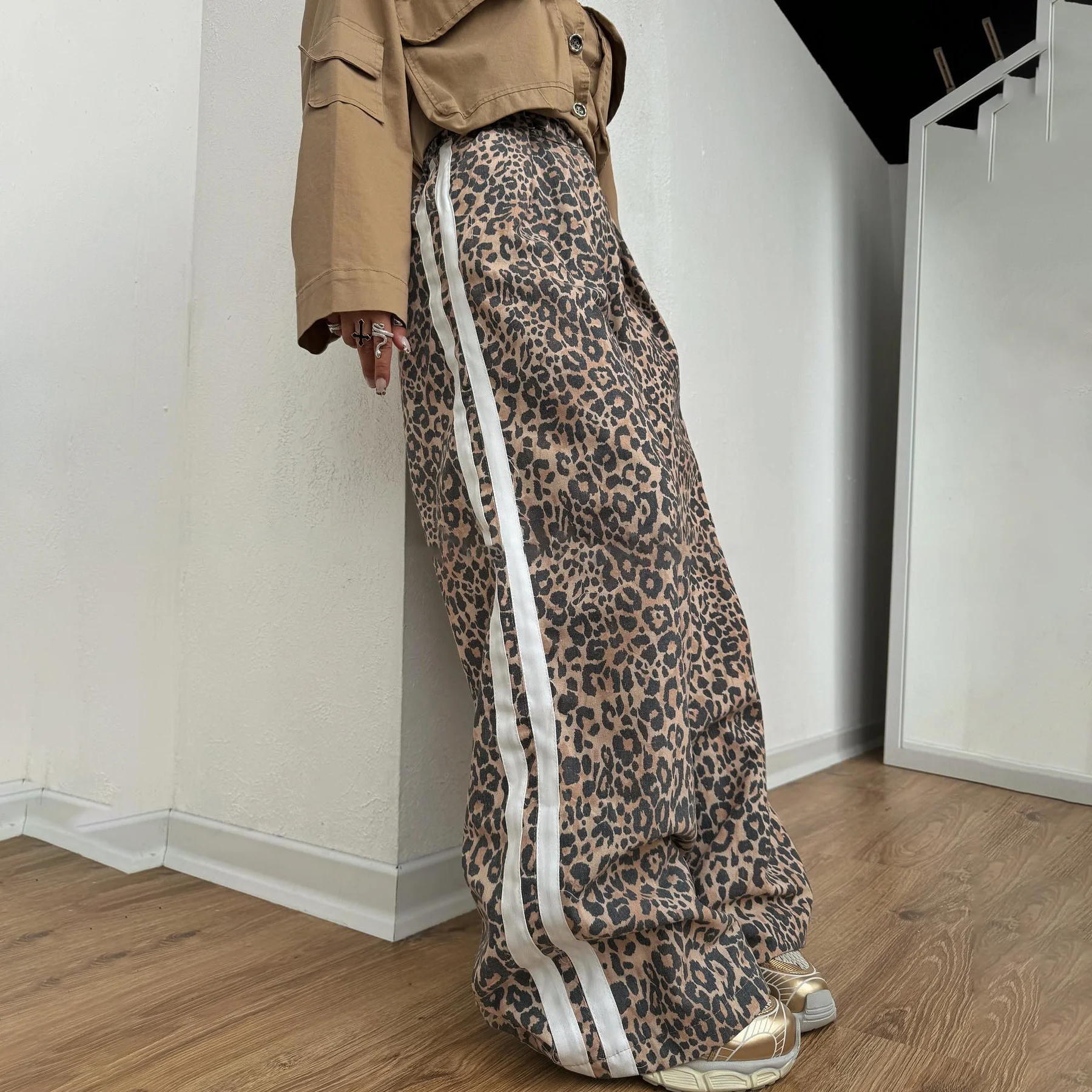 2024 New High Street Vintage Leopard Print Street Pants Woman Baggy Trousers Stripe Wide Leg Pants Oversized Casual Long Pants