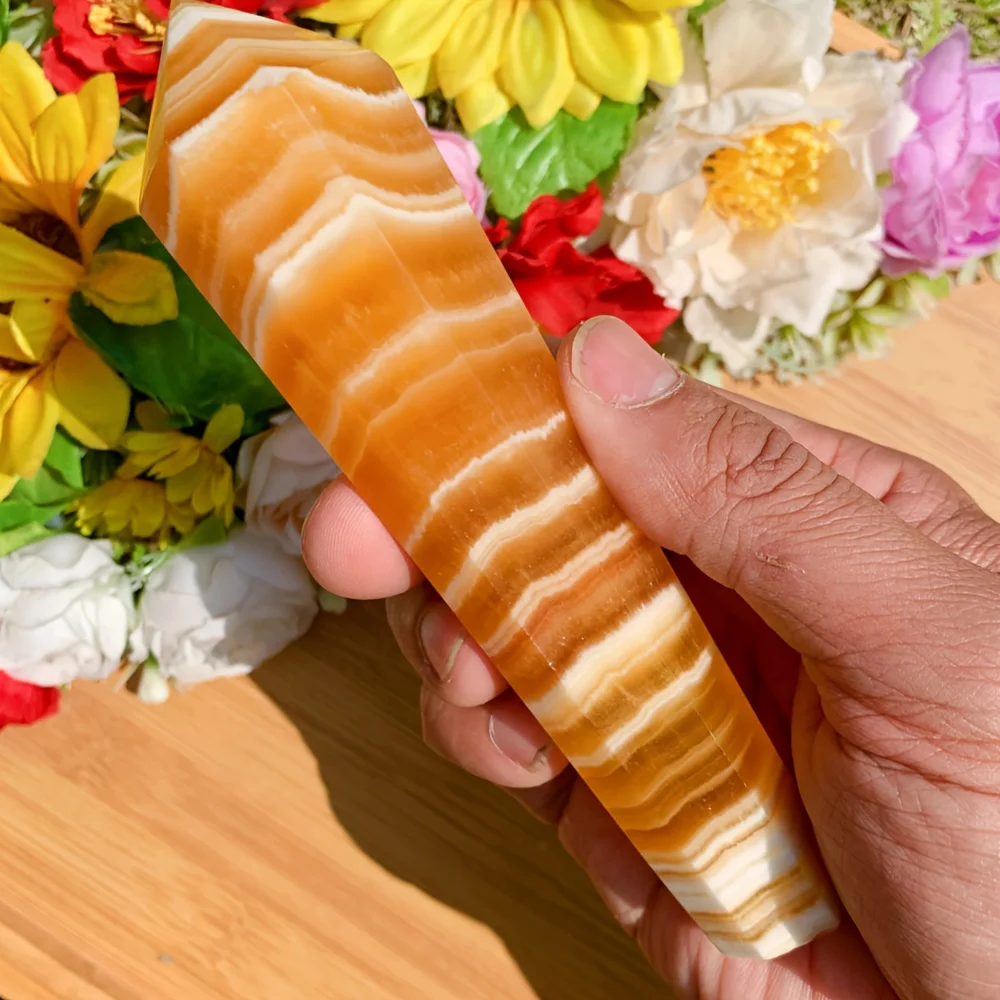 

1pc Floral Carved Orange Calcite Crystal Scepter Wand - Vibrant Yellow Stone with Intricate Patterns, Home Decor, Holiday Gifts