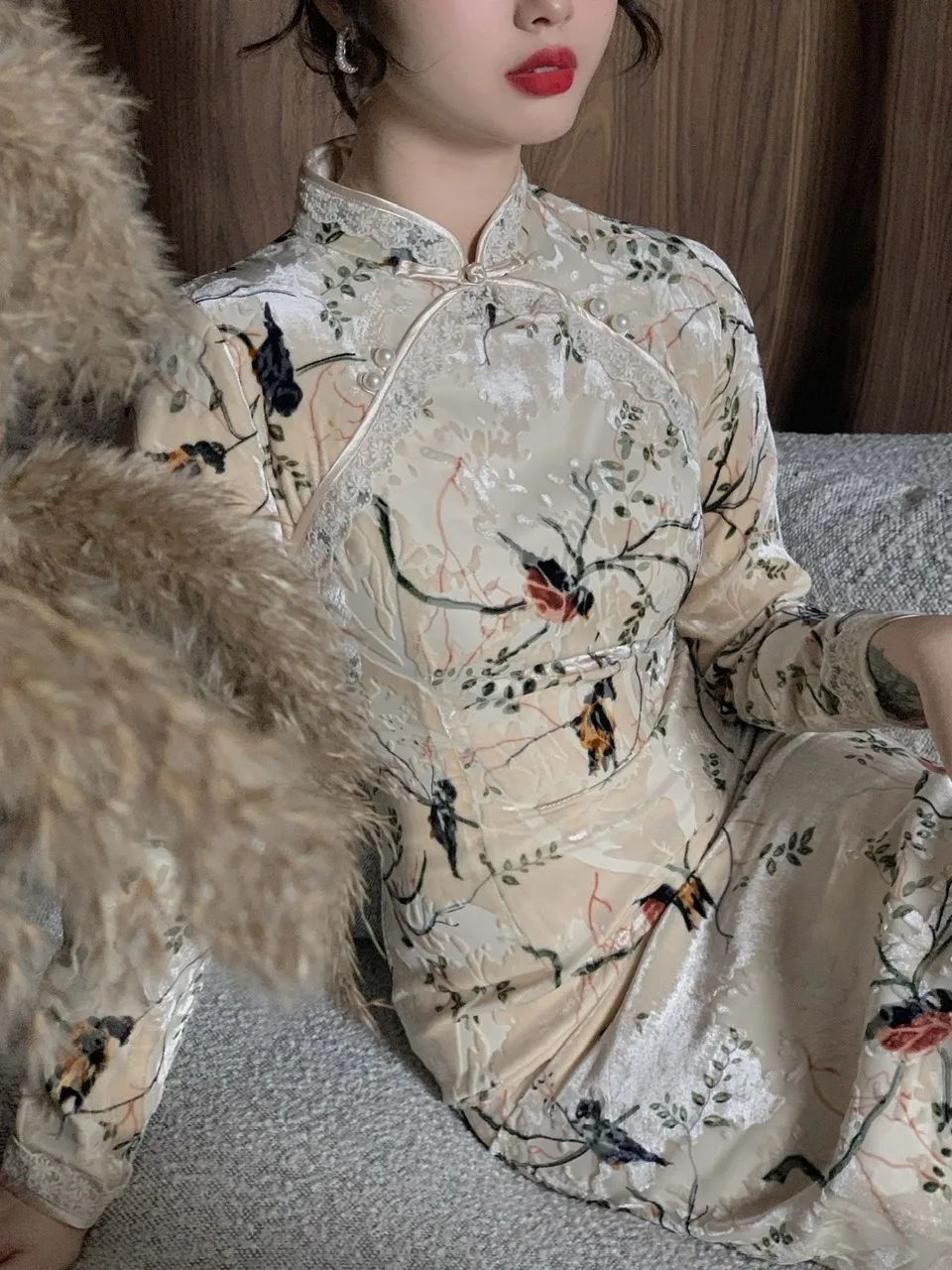 

Lu Jin Velvet Long Sve Young Girl Qipao Весна Осень Dr Двойной лацкан с цветочным узором Ретро Sle Нейлоновая ткань