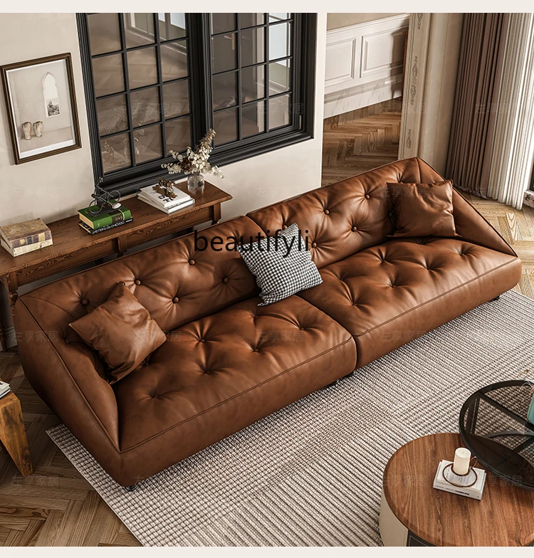 

French Retro Leather Sofa Living Room Italian Minimalist down Arms Straight Row Caramel