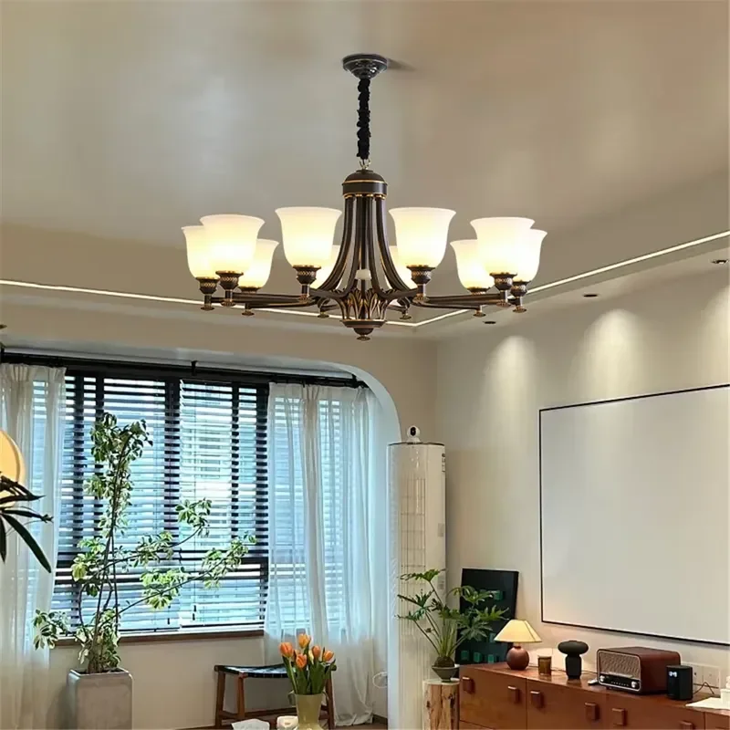 Vintage Black Metal Chandelier with Glass Shade Industrial Ceiling Light Fixture for Living Room Bedroom Dining Room Villa
