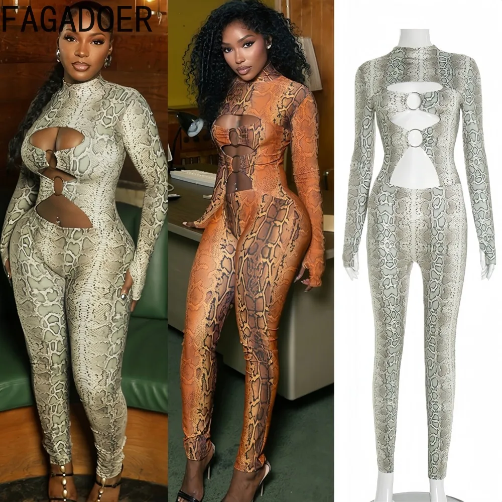 

FAGADOER Fashion Serpentine Print Bodycon Jumpsuits for Woman Hollow-out Long Sleeve Rompers Female Streetwear Overalls 2025 New