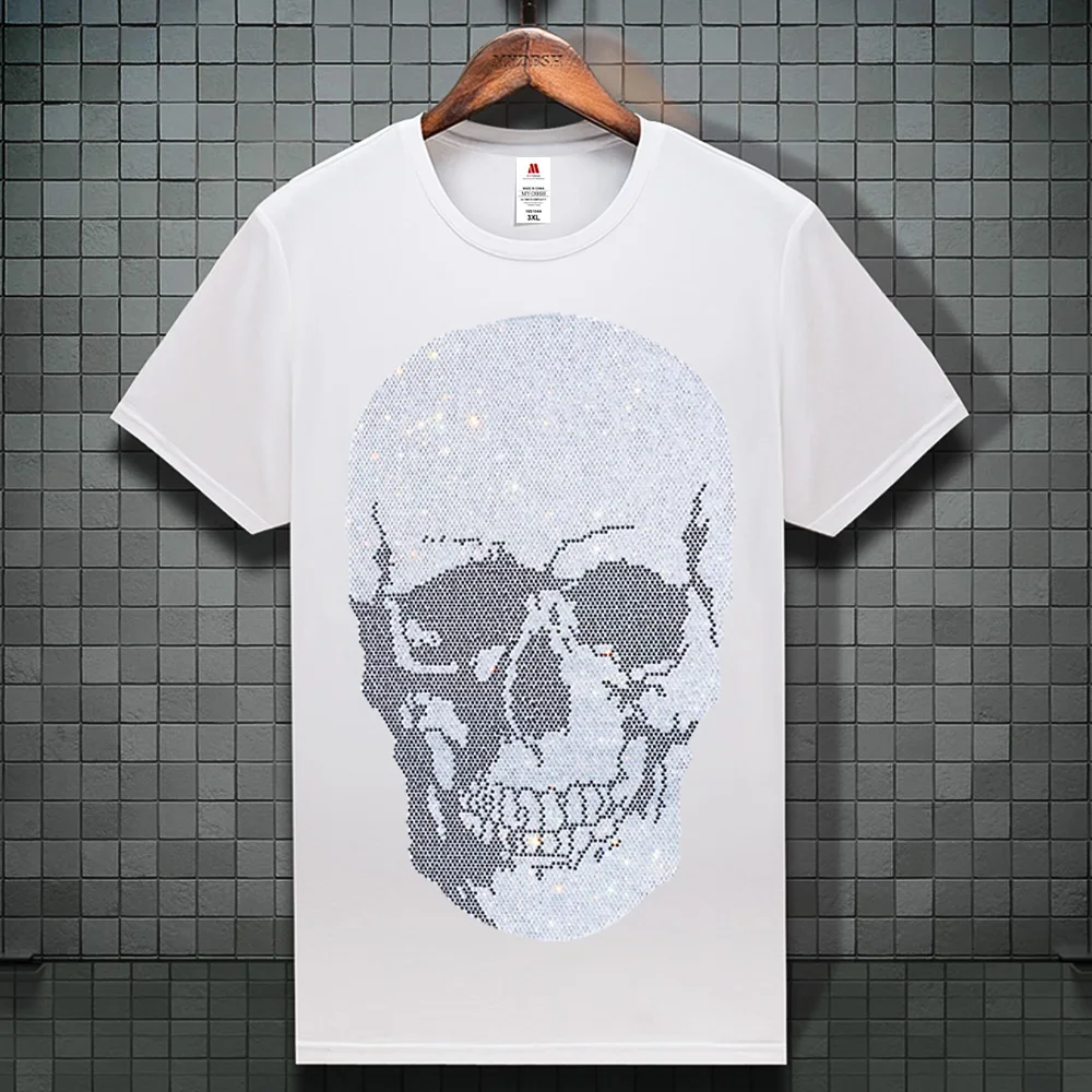 Size 5XL Skull Rhinestones T Shirts Men Summer Clothes Short Sleeve Man Streetwear O Neck Fit Tshirt Male Calaveras Camiseta