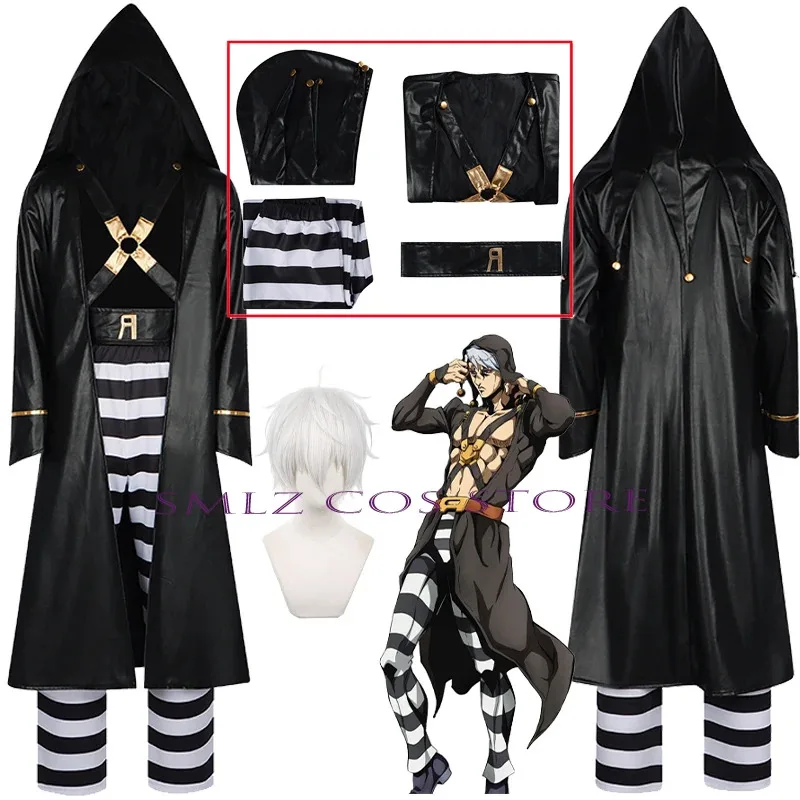 

Black Cosplay Anime Risotto JoJo's Bizarre Cosplay Black Black Uniform Hooded Trench Pants Suit Halloween Role Play Outfit for M