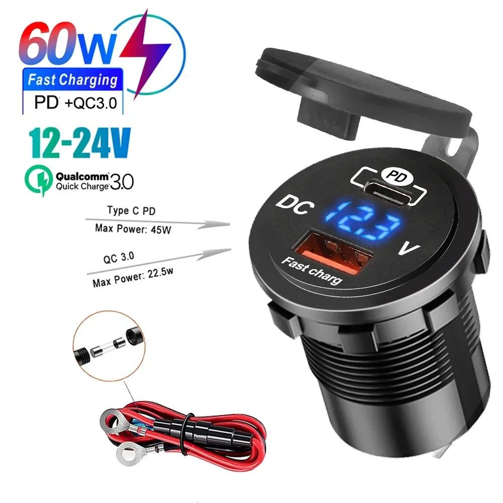 1SET 60W PD QC3.0 Auto Ladegerät Buchse mit Spannung Meter Quick Charge 3,0 Buchse Steckdose für 12V/24V Motorrad Lkw Boot