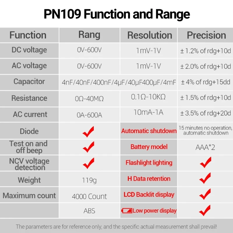 PN109 Digital Clamp Meter มัลติมิเตอร์เครื่องทดสอบแรงดันไฟฟ้า 4000 นับ Ohmmeter โวลต์มิเตอร์พร้อม Backlit Buzzer Drop ship