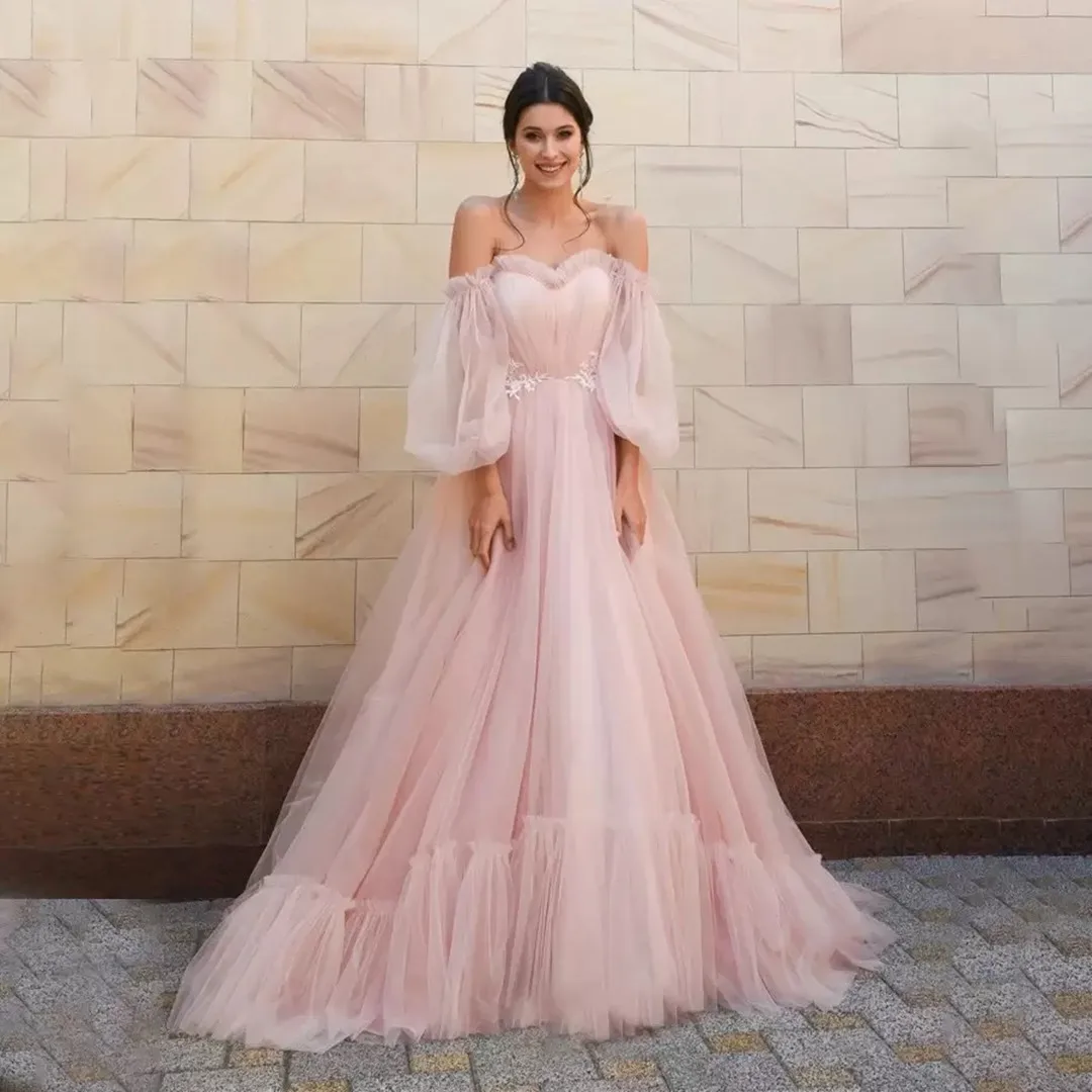 

Sweety Pink Puffy Sleeve A Line Prom Dresses Sweetheart Appliques Pleat Ruched Floor Length Elegant Formal Party Evening Gowns