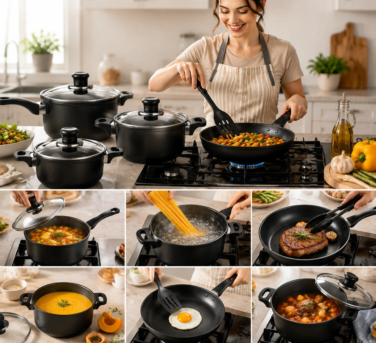 Multi‑size Non‑stick Pots And Pans Set Household Kitchen Cookware Kit With Saucepan Frying Pan Transparent Lid Silicone Cooking Utensils For Daily Cooking