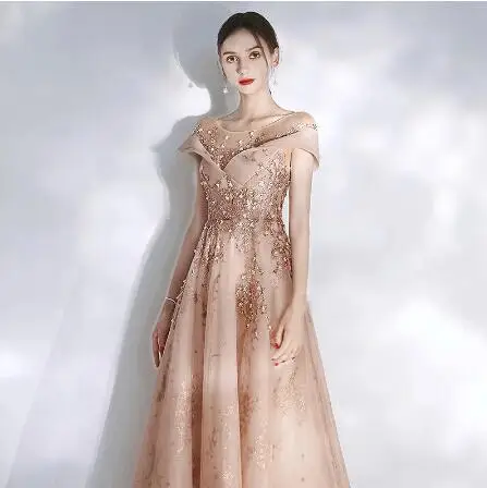 

Champagne Pink Evening Dress A-Line Short Sleeve Illusion Crystal Sequins Beaded Long Wedding Banquet Party Prom Gowns 2022 New