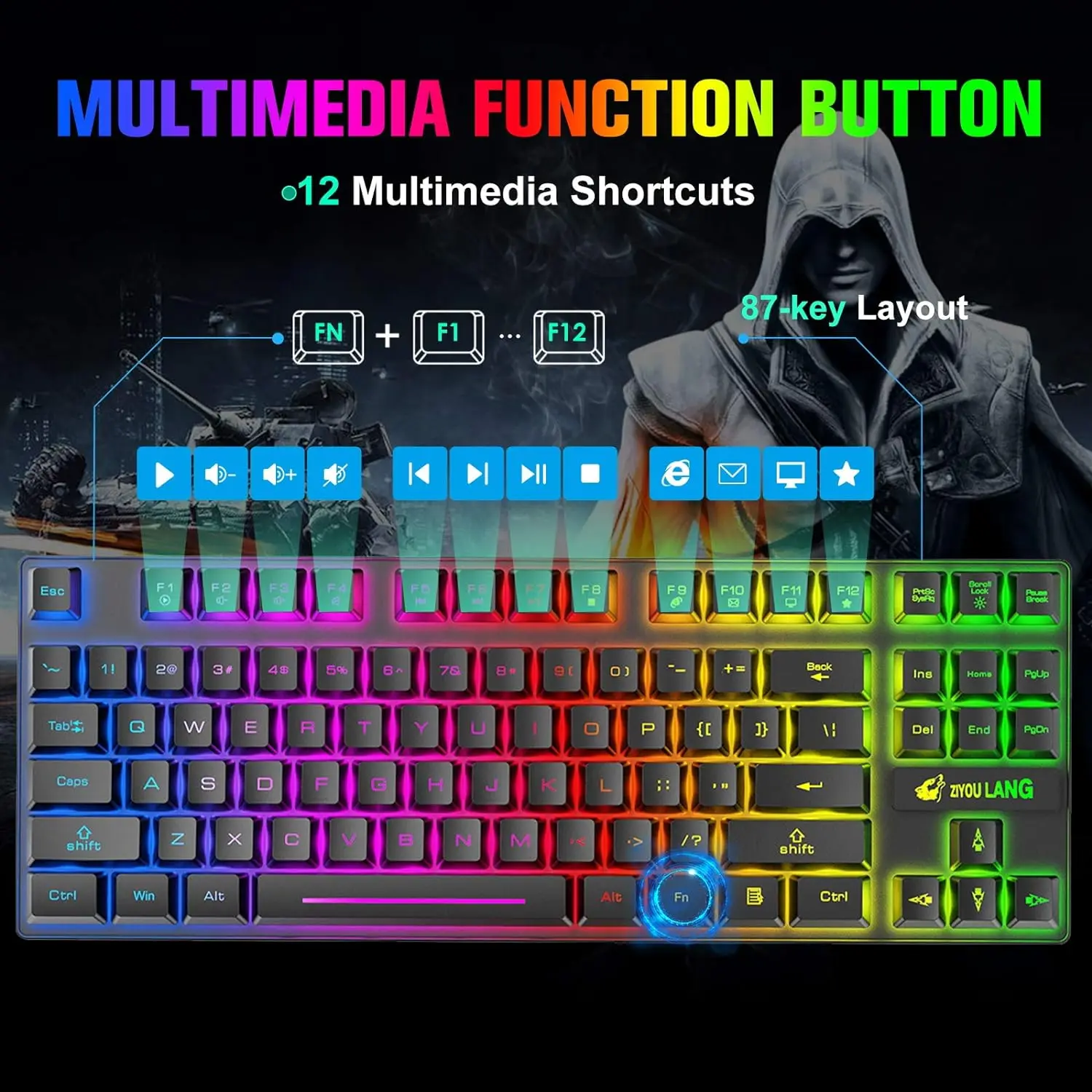 MAMBASNAKE x ZIYOU LANG T87 Wireless Gaming Keyboard and Mouse Combo with 87 Key Rainbow LED Backlight Rechargeable