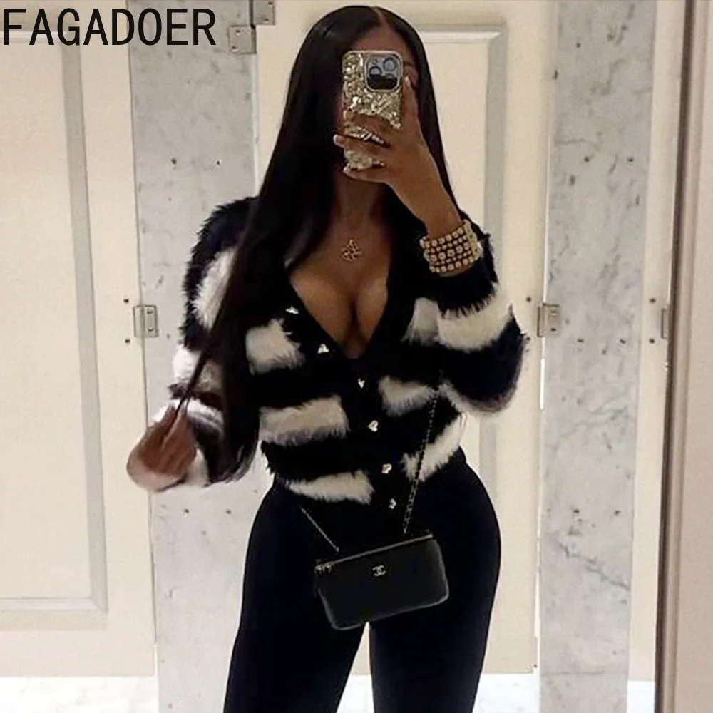 FAGADOER Black White Stripe Printing Casual Knitting Tops Women V Neck Button Long Sleeve Cardigan Spring New Slim Streetwear