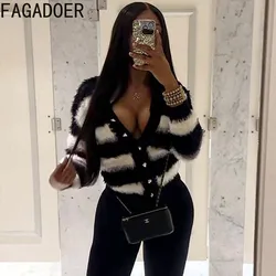 FAGADOER Black White Stripe Printing Casual Knitting Tops Women V Neck Button Long Sleeve Cardigan Spring New Slim Streetwear