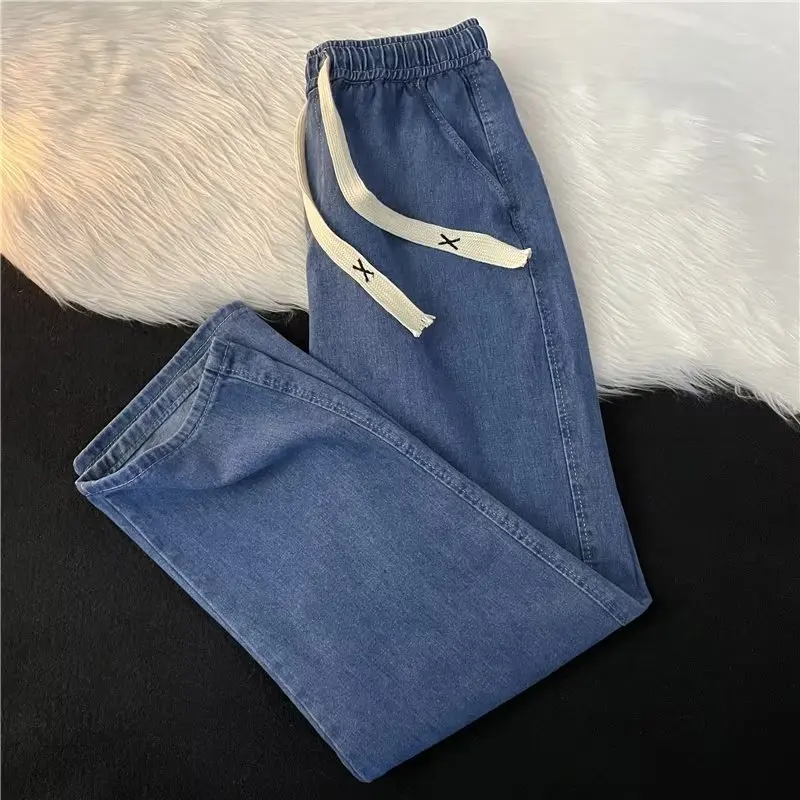 Loose Straight Leg Denim Jeans Men's Autumn Woven Drawstring Design Nine Points Casual Pants Korean Version Ins Trendy Simple