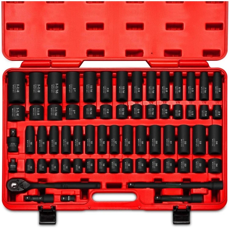 

1/2" Drive Master Impact Socket Set, 65 Piece, Standard SAE (3/8"-1-1/4") & Metric (10-24 mm) Sizes, Deep & Shallow Kit