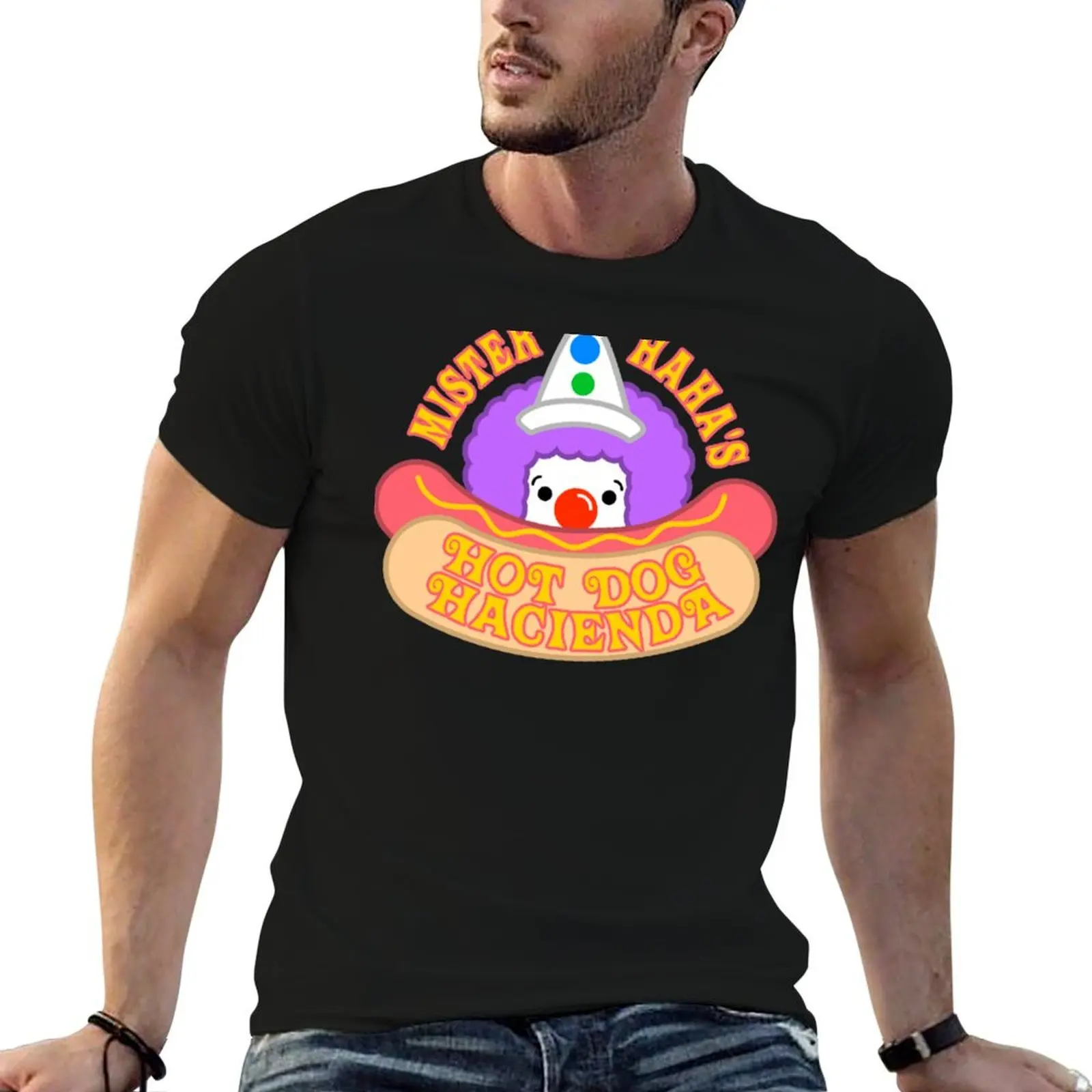 Camiseta clásica Mr. HaHa's Hot Dog Hacienda, camisetas con estampado personalizado para hombre, camisetas gráficas, camiseta de algodón 100%