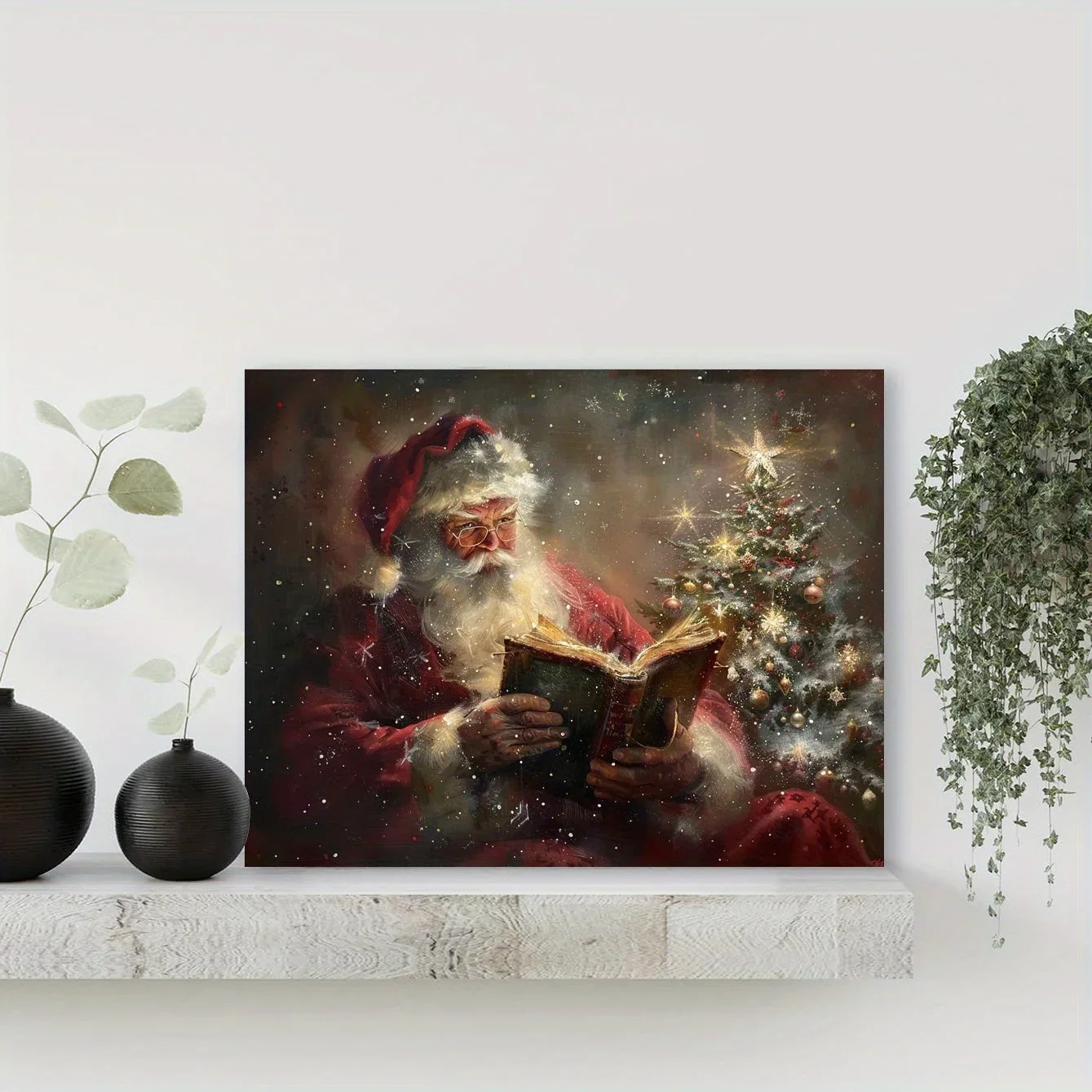 Santa Reading on Wooden Framed Canvas Wall Art Waterproof Canvas Home Decoration Suitable for Living Room Bedroom Christmas