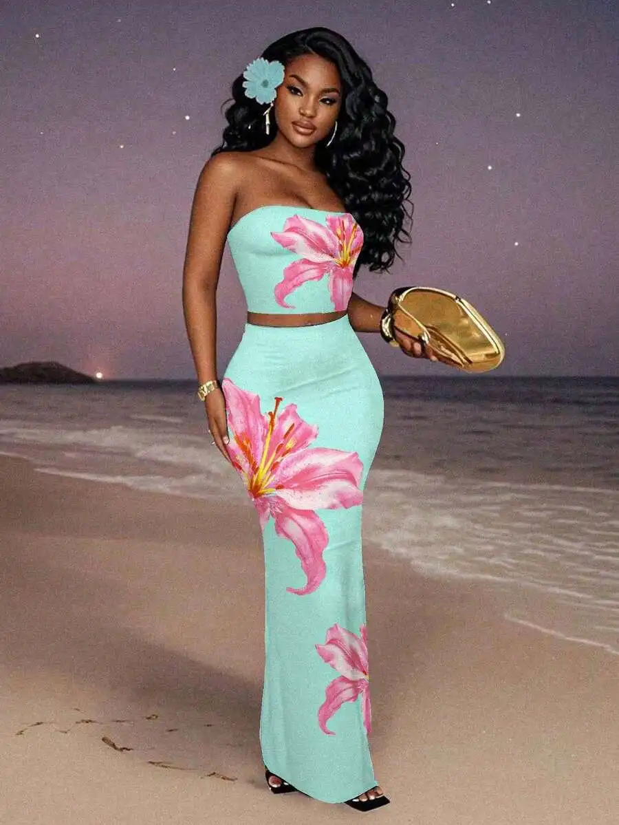 Set di top corto senza spalline con stampa floreale da donna e gonna lunga, completo estivo per feste in spiaggia