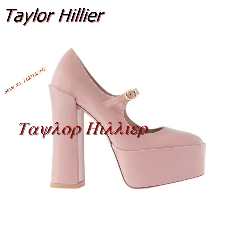 Spring New 2023 Nude Color Pumps Round Toe Thick Heel Waterproof Platform Pumps Fashion Catwalk Buckle Strap Large Size Women'S