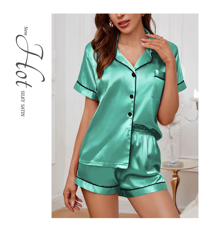 Luxuriöser Satin-Pyjama für Damen, Umlegekragen, Knopfleiste und Shorts, Nachtwäsche und Loungewear für den Sommer, Heimkleidungsanzug – Detail 21