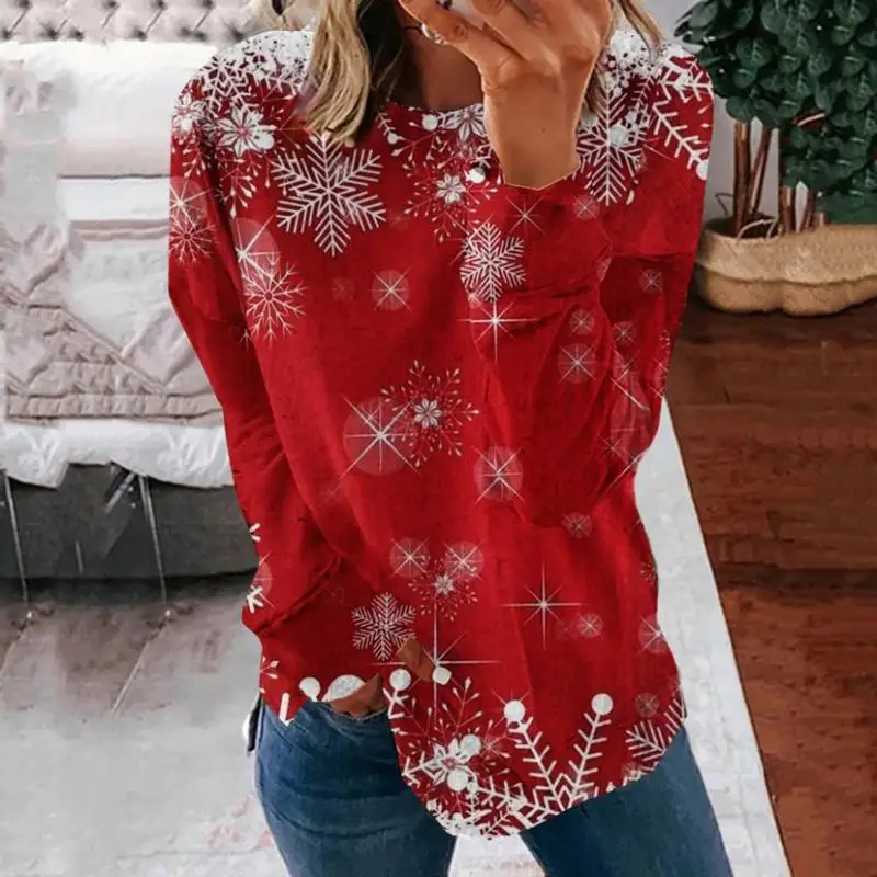 Top de manga larga con cuello redondo para mujer, estampado Floral navideño, talla grande