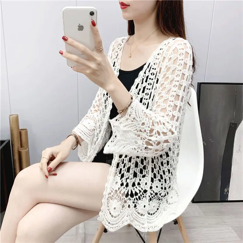 Spring New Beach Sunscreen Shirt Women\'s Pure Cotton Hollow Knitted Cardigan Versatile Western Style Coat