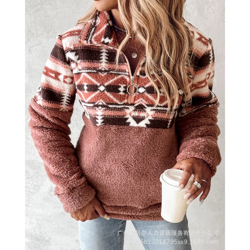 

2023 Autumn Winter Sweatshirt Top Women's Plush Print Zipper Pullover Sweater Women's Long Sleeve Turn-down Collar Sweatshirt