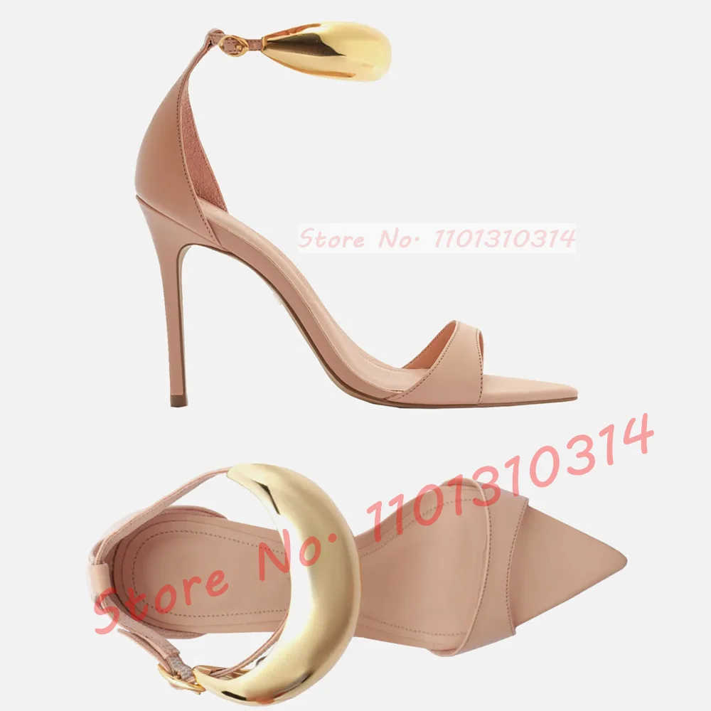 Tan Pointed Toe Sandals With Metal Ring Women Summer Sexy Ankle Strap Sandals Ladies Trending Evening Dress Stiletto Shiny Shoes