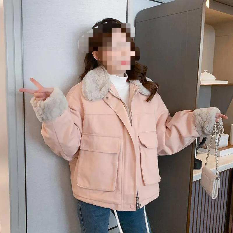Women's Fleece Lined Lamb Fur Jacket Winter Thickened Loose Versatile Bread Cotton Coat Short Style round Neck Long Sleeve