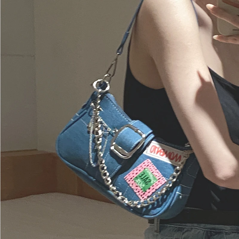 

New Fashion Niche Denim Canvas PU Soft Leather Underarm Bag Ladies All-match Chain Bags Single Shoulder Bag Handbag for Women