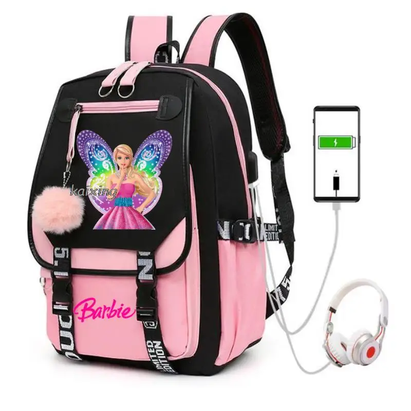 Moda Barbie film USB Charge plecak na laptopa chłopcy dziewczyny drukować nastolatki torby szkolne na laptopy kobiety mężczyźni podróżują Mochila