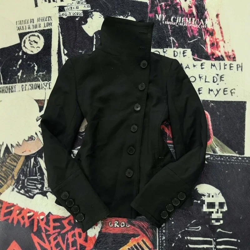 Autumn Retro Women Minimalist Stand Collar Thick Coat Y2k Asymmetric Button Decor Slim Fit Long Sleeve Jacket Spicy Girl Clothes