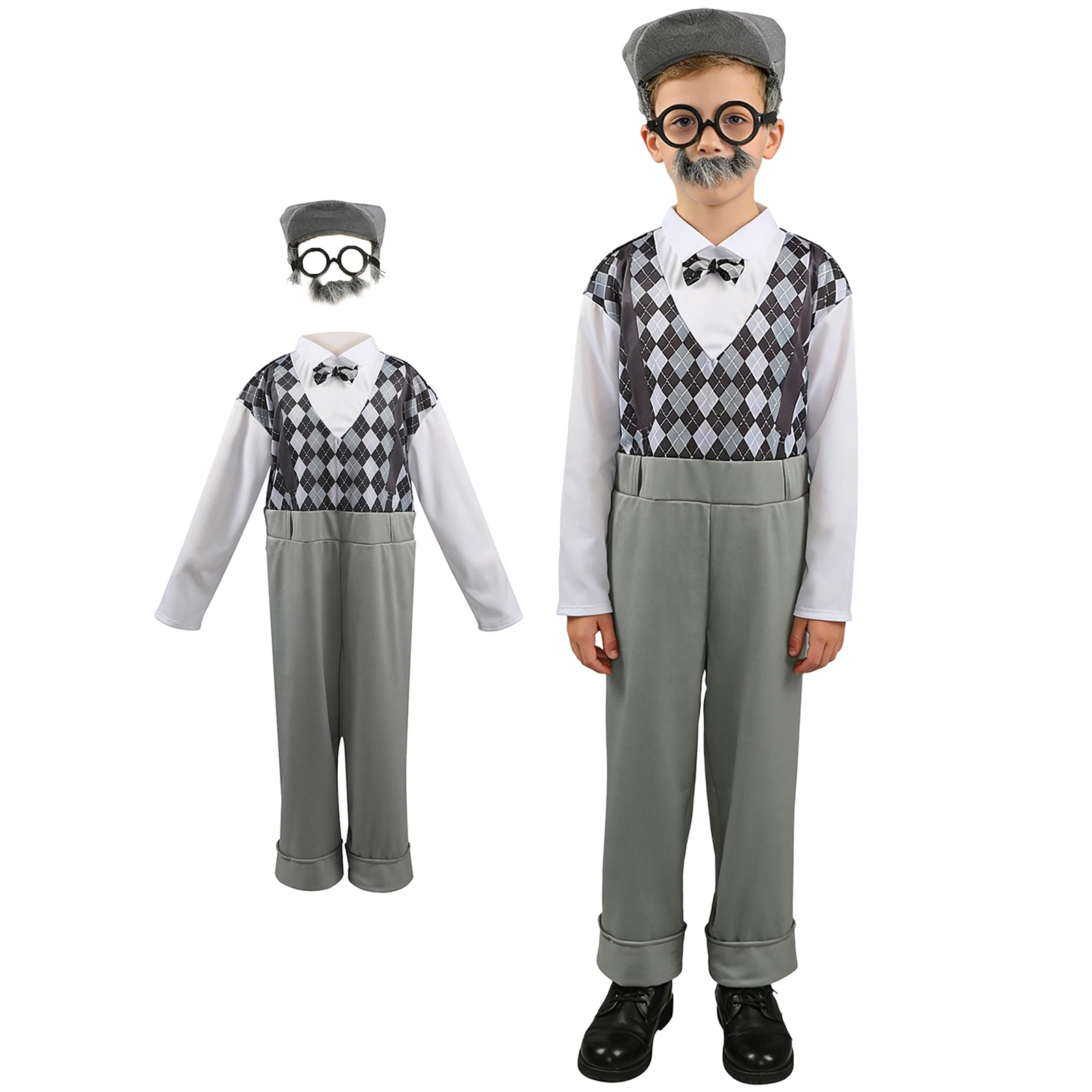 

Kids 4 Pcs Old Man Costume Grandpa Dress Up Accessories Jumpsuit Hat Glasses Fake Beard for Halloween Fancy Dress Show