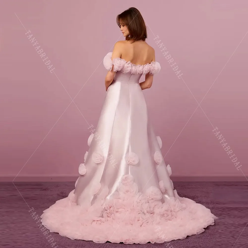 Customized Off The Shoulder Flowers Wedding Dress For Women V Neck Satin Sweep Train Romantic 3D Rose Bridal Gown Chic TSWD544