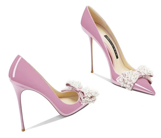 

2025 New Pink Bow Thin Heel Pointed High Heels Women