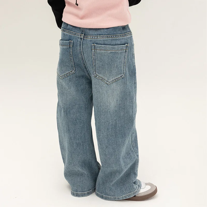 Spring Autumn Kids loose all-match straight jeans Boys and girls Korean style casual wide leg pants