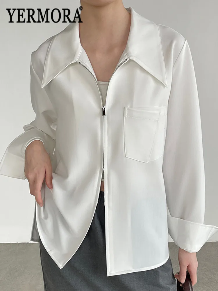 

YERMORA White Zipper Pocket Brief Casual Blouse For Women Lapel Long Sleeve Loose New Shirt Fashion Tide Spring Autumn 2026