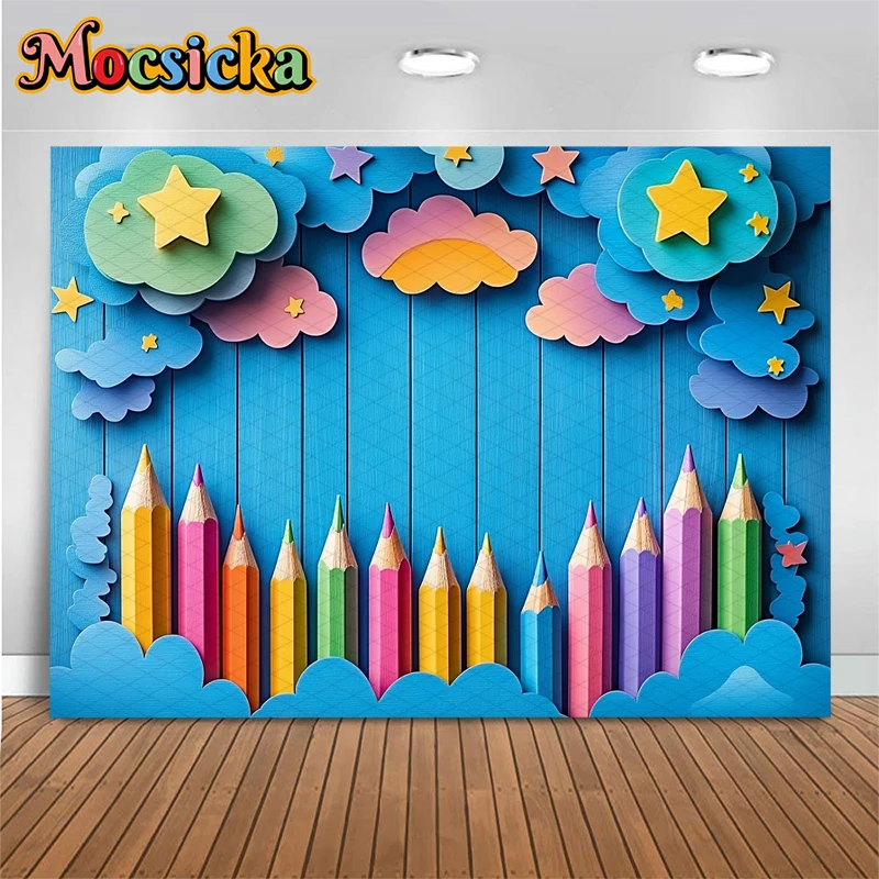 Mocsicka ブルーウッドボード背景写真撮影児童学生ハッピーバースデー背景カラフルなペンクラウドスター装飾バナー