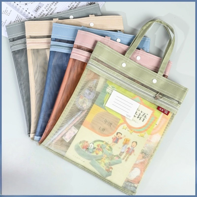 

Aesthetic Morandi Color Mesh Zipper Pouch Thickened Nylon Document File Holder with Handle Organization Bag for School Office