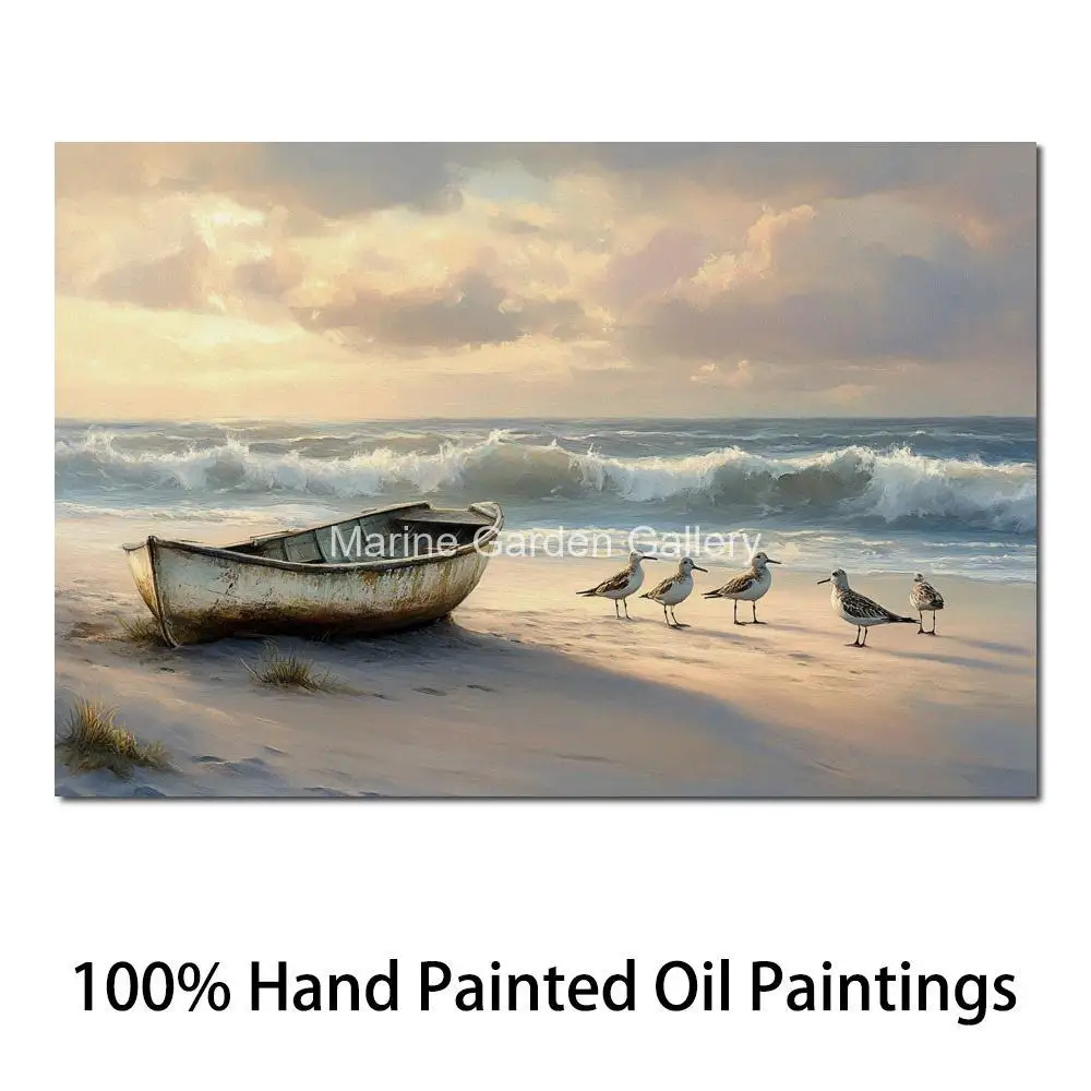 Beautiful Beach Painting Canvas Art Hand Painted Seascape Oil Painting Boat Birds Contemporary Artwork Living Room Office Decor